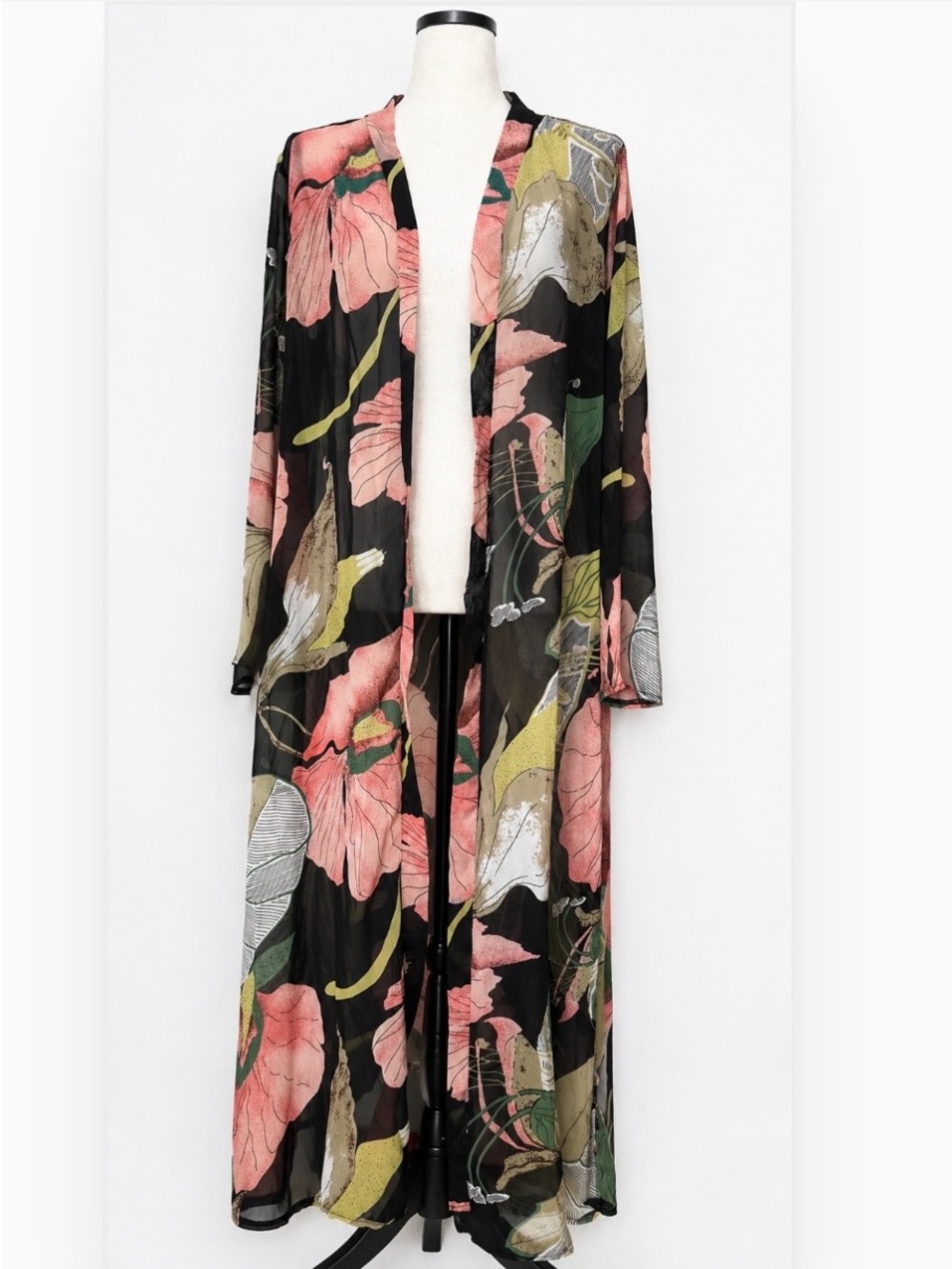 Sheer Black Floral Longline Tunic Duster Boho Festival Kimono M Whimsy Vacation